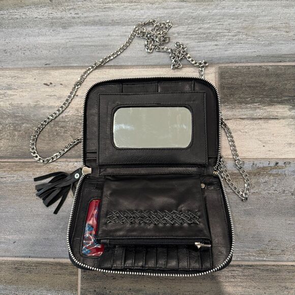 New Braided Black Leather Clutch Wallet Purse Removable Long Chain Zipper Close - Picture 6 of 8